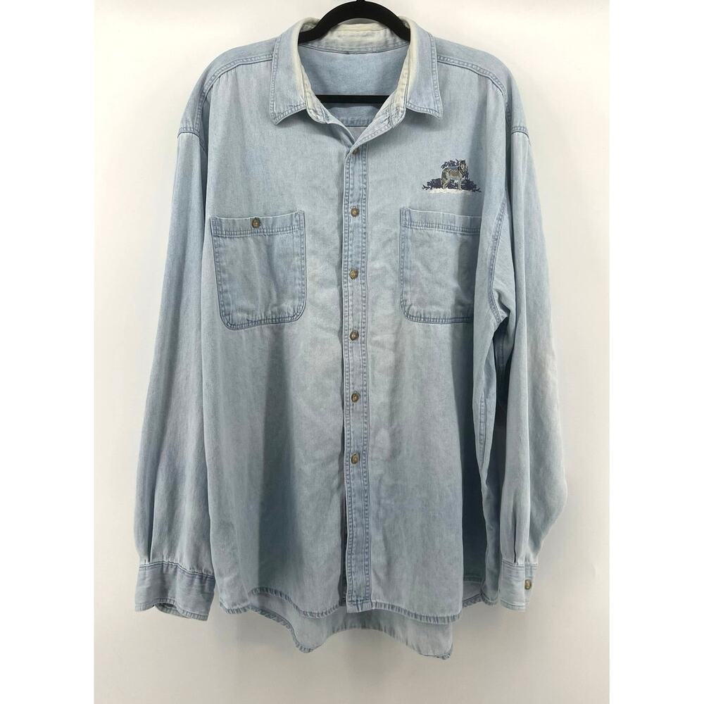 Vintage Wolf Graphic Painted Denim Button Down Shirt Men's Size XXL